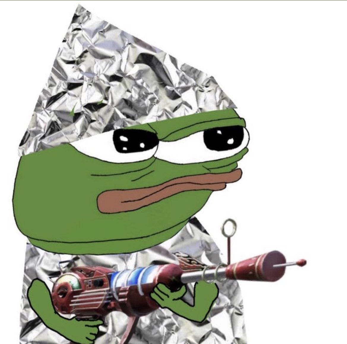 Pepe with ray gun in tinfoil armor