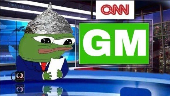 Pepe as news anchor saying GM